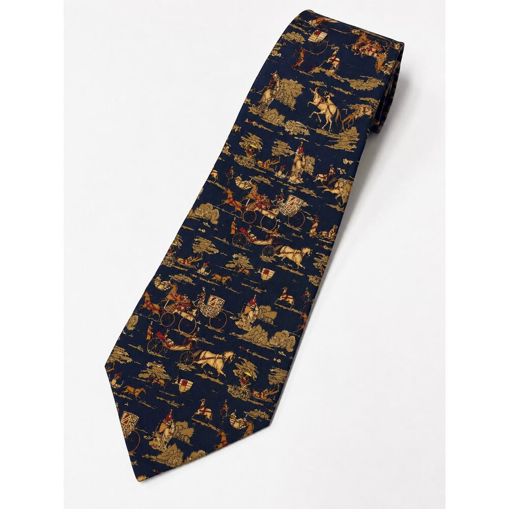 Salvatore Ferragamo Silk Tie Navy Equestrian Carriage Print Made in Italy 3.25”